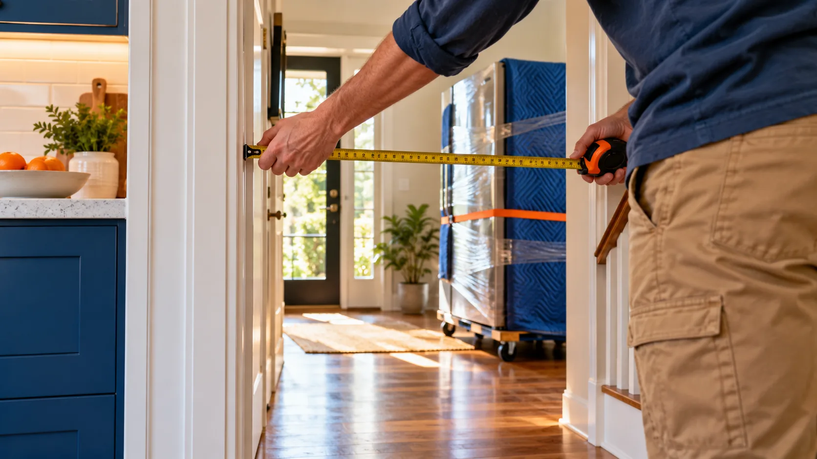 A worker measuring a doorway before moving a wrapped appliance